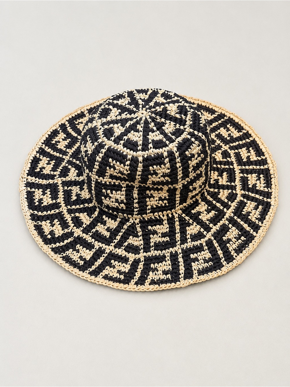 Fendi Brown & Natural Crochet Wide Brim Hat
